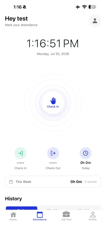 CareNest Link mobile app — caregiver attendance and check-in screen